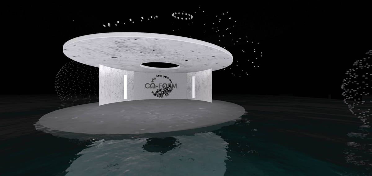 A dark reflective online exhibition room with the CO-FORM mark inside a white circular structure.