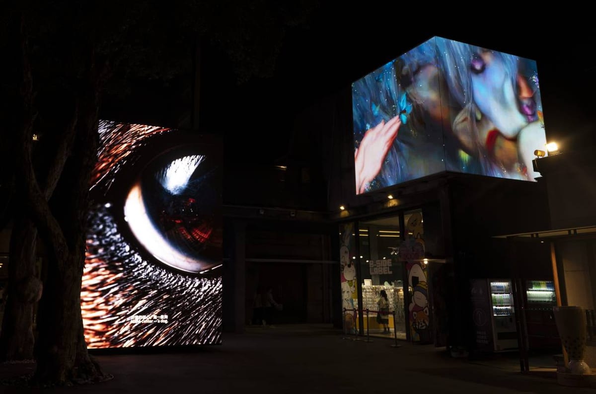 Huashan at night: a dog's eye holds the vertical screen while transformed image fragments move across the screen above.