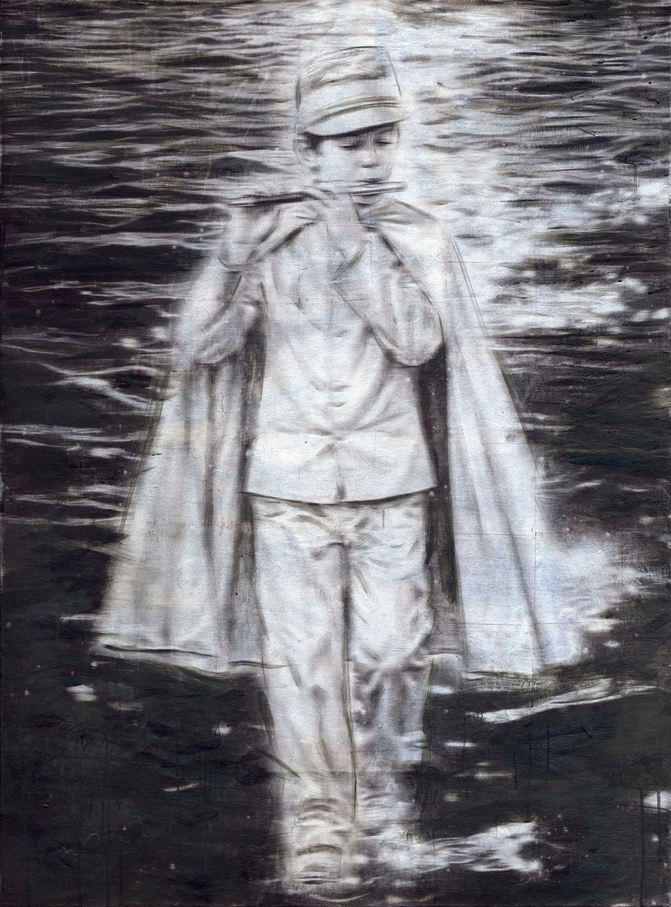 A capped figure in a long garment comes forward through horizontal smears, both hands holding what appears to be a transverse flute at the mouth.