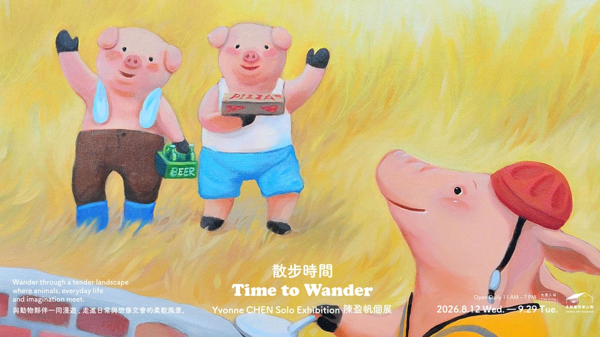 In a yellow landscape, two standing pigs carry beer and pizza while a third approaches in a red cap.