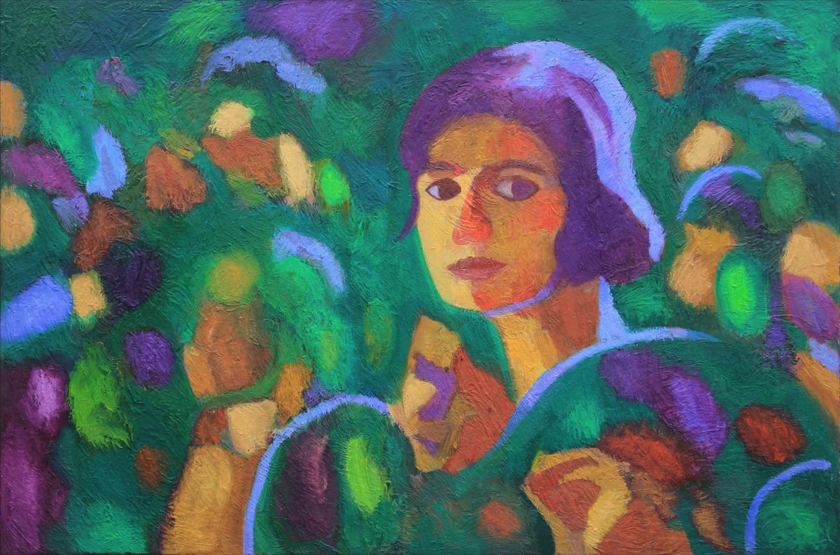 A turning figure is built from blocks of green, purple, blue and orange.