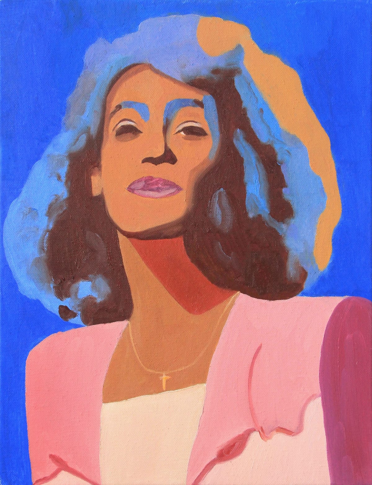 A frontal portrait built in blue, orange, pink, red and brown, its features and hair divided across colour fields.