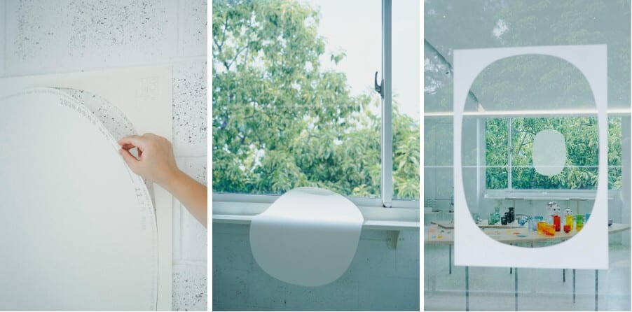 Three photographs show a hand separating the poster edge, its inner piece on a windowsill and the white surround framing greenery.