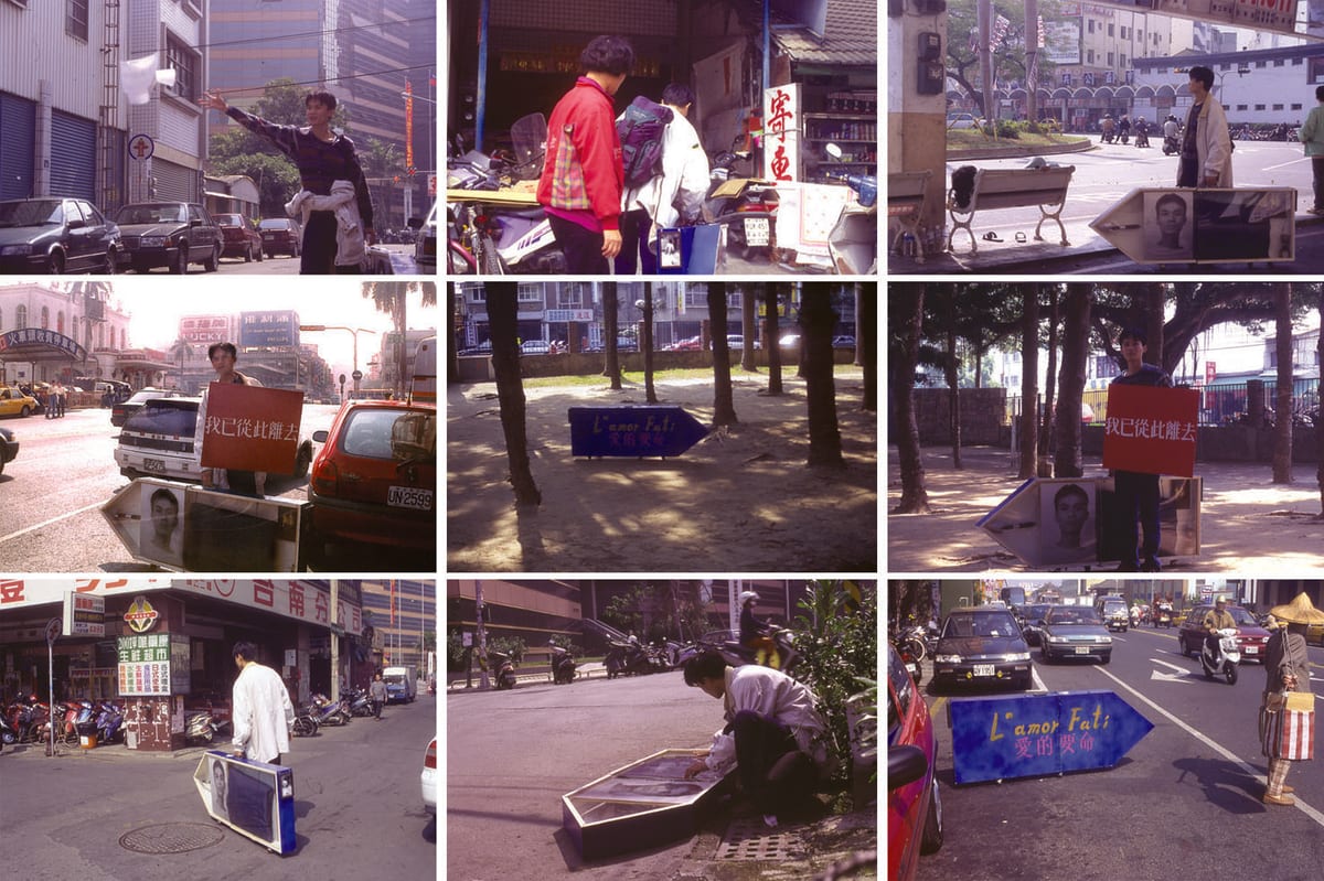 Nine colour frames show Gao Jun-honn moving with 地心號, signs and printed material through roads, stations and traffic.