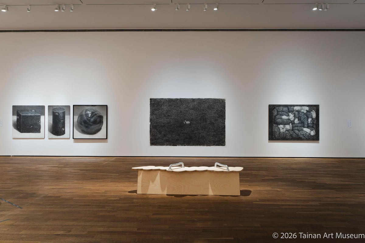 Dense dark surfaces hang behind a pale object placed low on the floor.