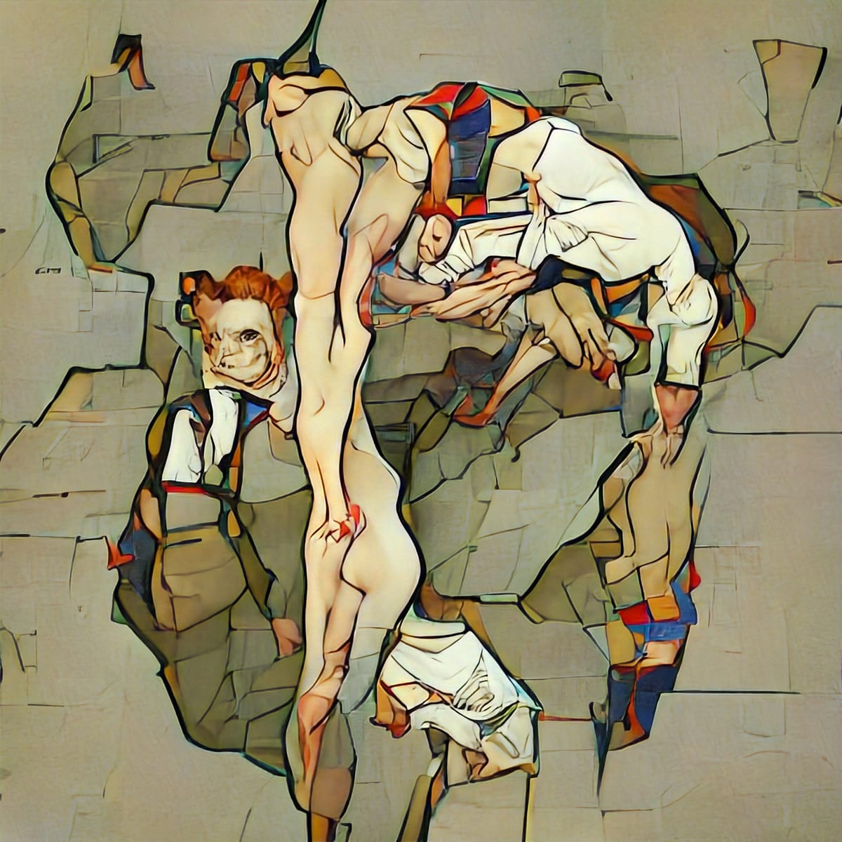 Distorted faces, limbs and objects interlock in dark contours against beige, interrupted by red, blue and yellow patches.