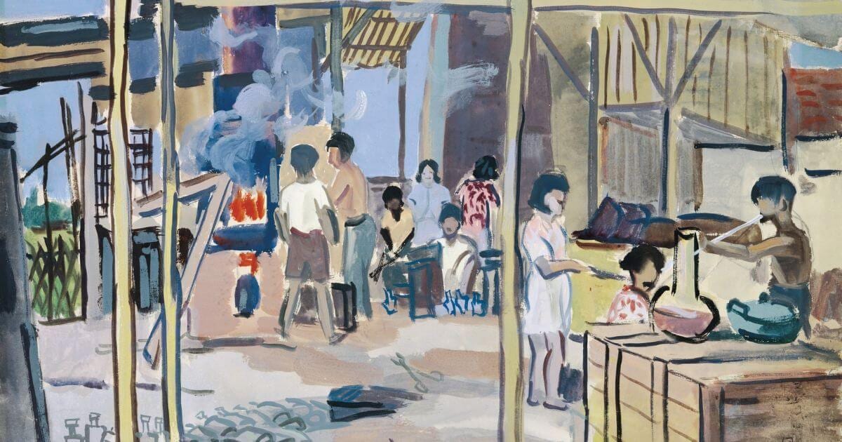 Workers sit and stand among furnaces, long rods and workbenches in a factory painting. Pale smoke rises at left; a worker at right blows through a long tube.