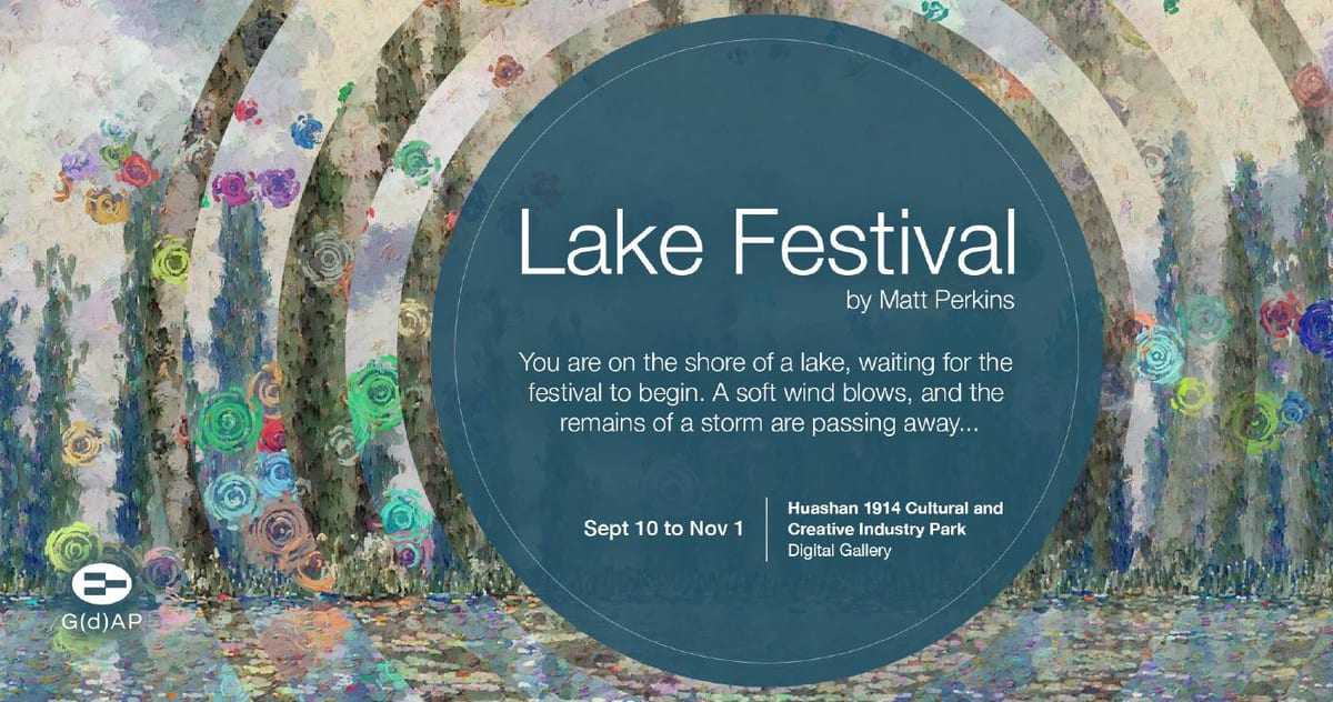 Coloured curls scatter among pale trunks above a reflecting lake; a central circle carries the Lake Festival title and dates.