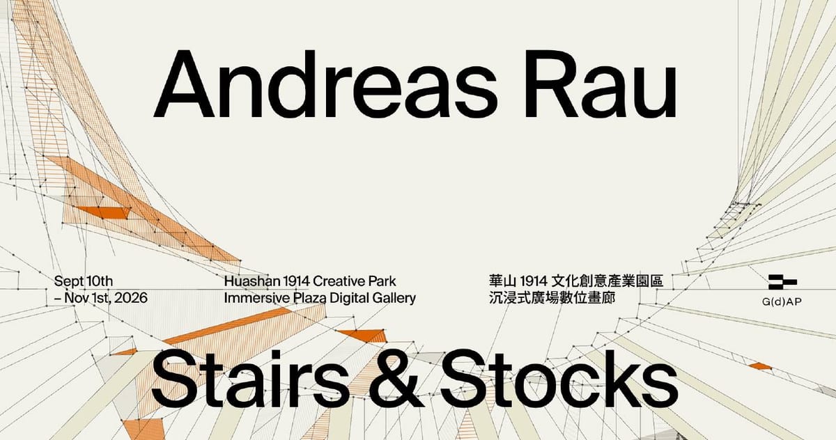 Orange steps hang in a mesh of fine lines; the cream poster names Andreas Rau, Stairs & Stocks and the Huashan dates.