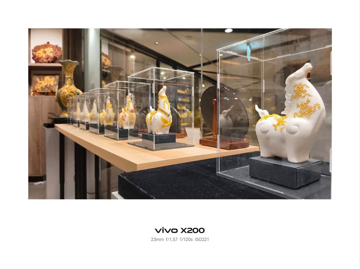 White animal-shaped objects carry curling gold ornament inside clear cases, with vessels behind them. The whole photograph retains its white frame and phone imprint.