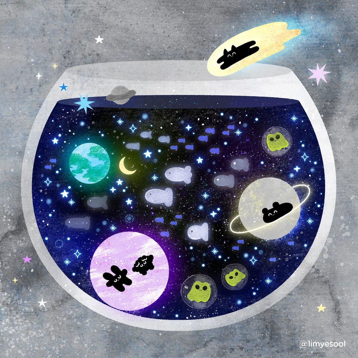 A round fishbowl holds deep-blue space, fish, Earth and a ringed planet. Small black animals rest on planets while another rides a yellow comet above the bowl.