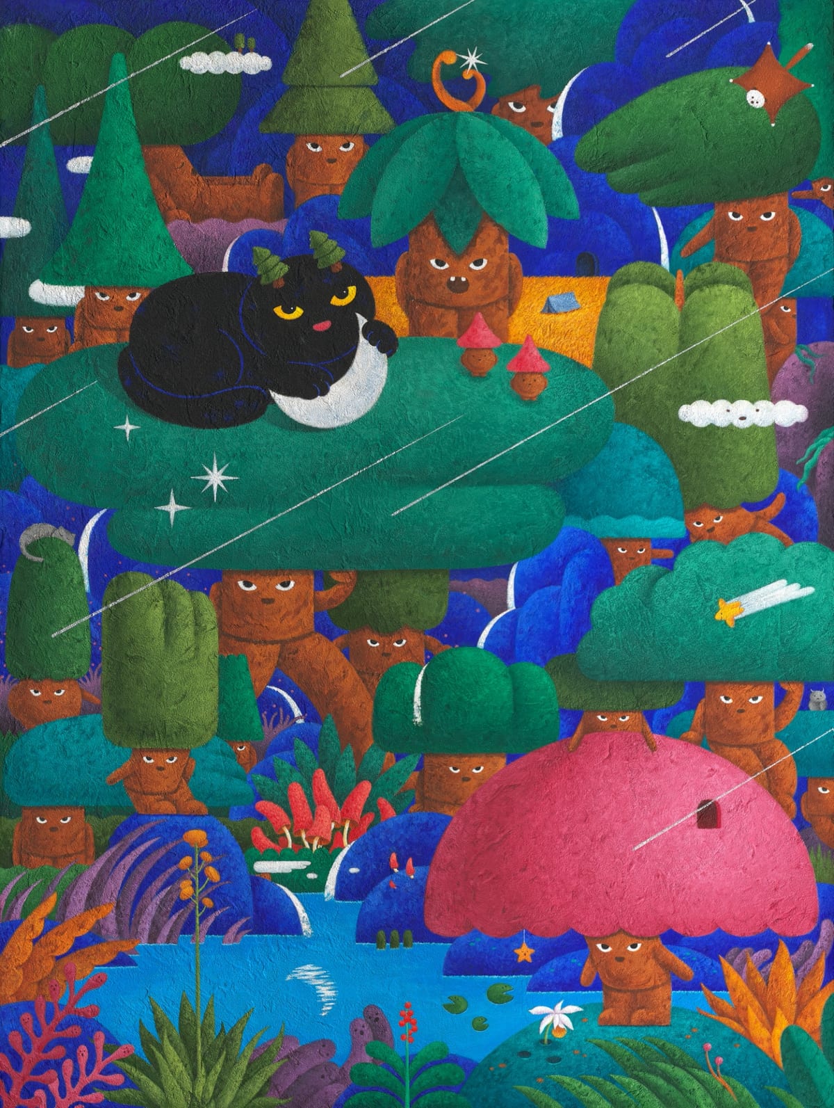 A black cat rests on a white crescent among green and pink trees with brown faces, against a blue night crossed by thin white streaks.