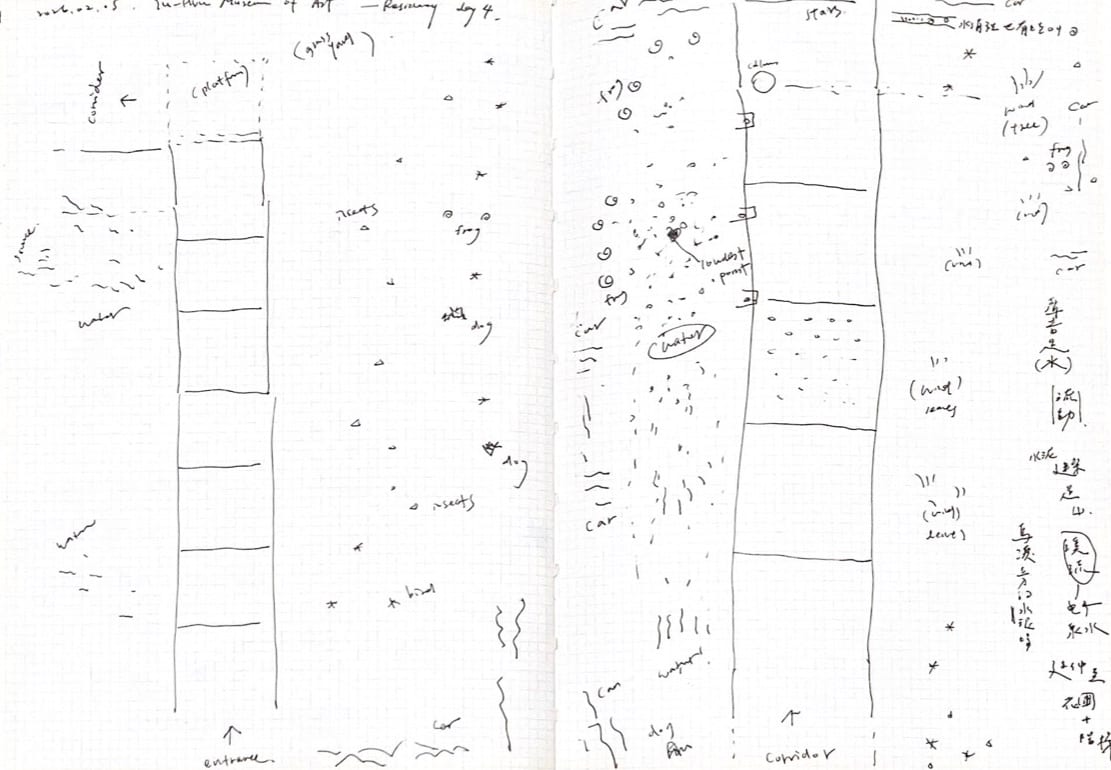 An open grid notebook drawn with long ladder-like strips for the corridor and stairs, annotated in English and Chinese with insects, dogs, cars, water, and wind marked where and when they were heard.