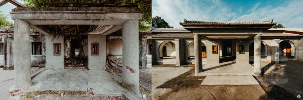 Side by side: on the left, a porch with its roof fallen in and timber on the ground; on the right, the same porch with roof and wooden windows repaired.