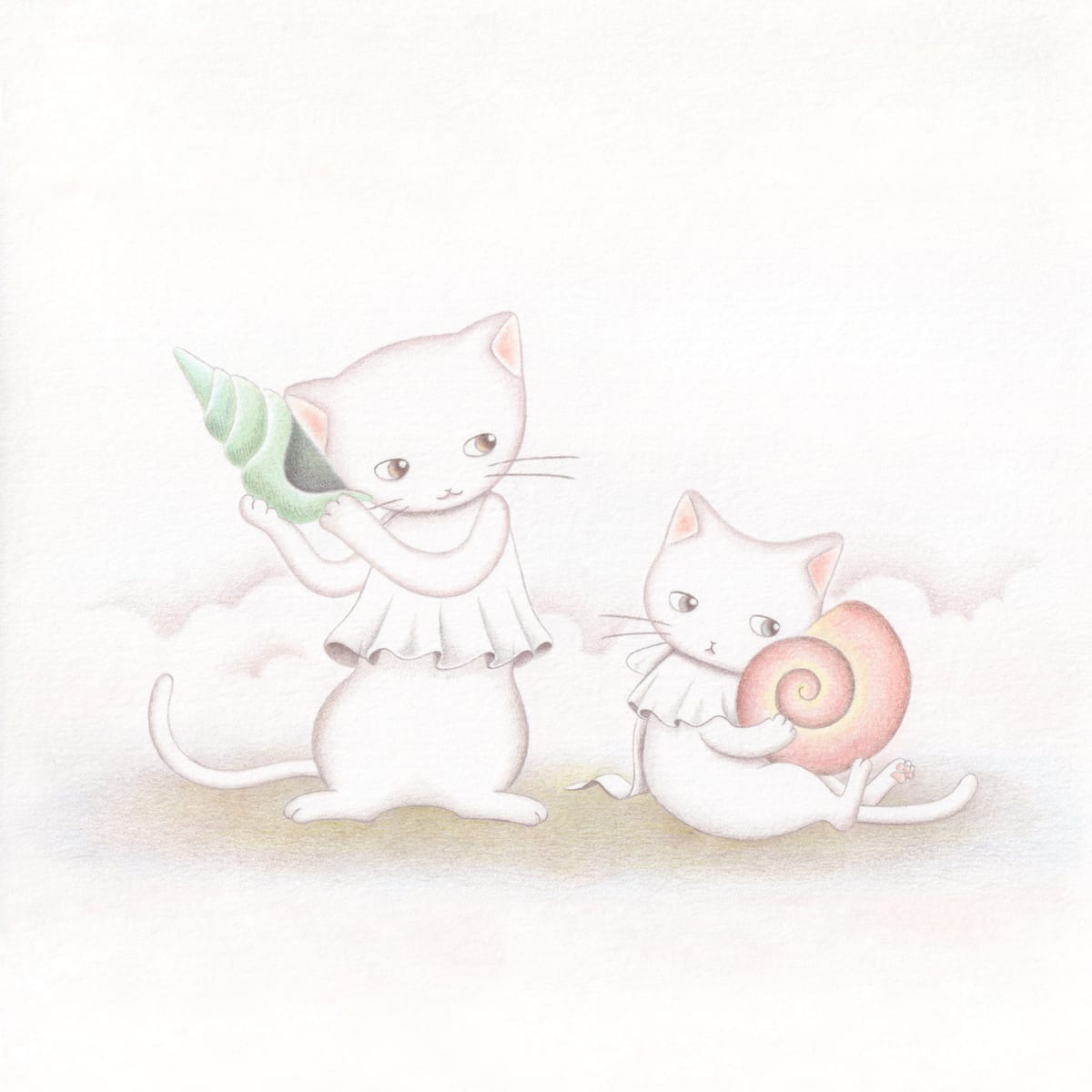 Two white cats in ruffled collars hold a green conch and a pink spiral shell amid pale clouds.