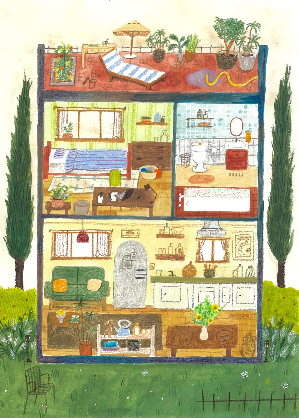An illustrated cutaway house with a planted roof terrace, striped lounger and yellow hose; a bedroom and bathroom upstairs, and a kitchen, green sofa and drawing table below.