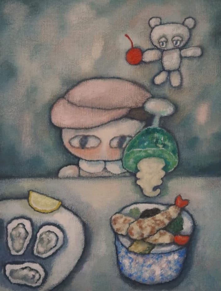 Kitashima’s acrylic painting: a pink-capped figure watches a dripping inverted green pacifier above oysters and tempura. A bear carrying a red cherry floats overhead.