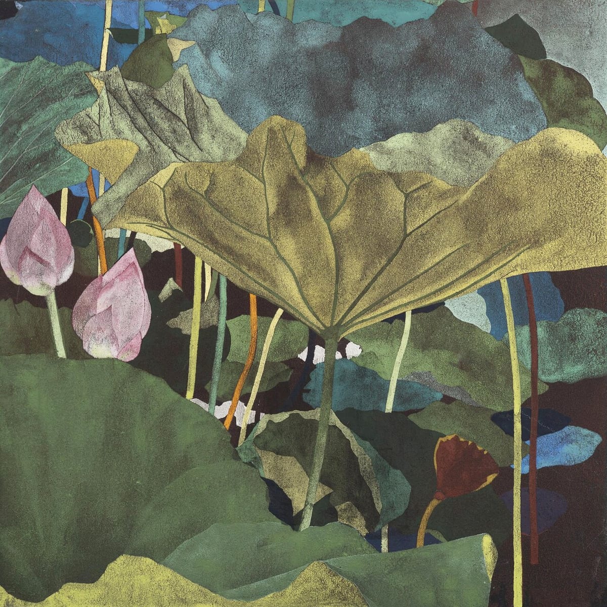 Two pink lotus buds beside a folded yellow-green leaf, surrounded by blue-green foliage, with a small rusty-red leaf below.