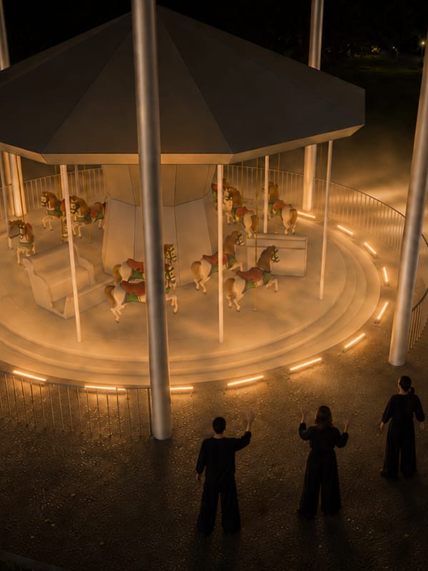 An old carousel glows amber through mist at night, with three figures beside it; artist’s visualisation of Midnight Music Box.