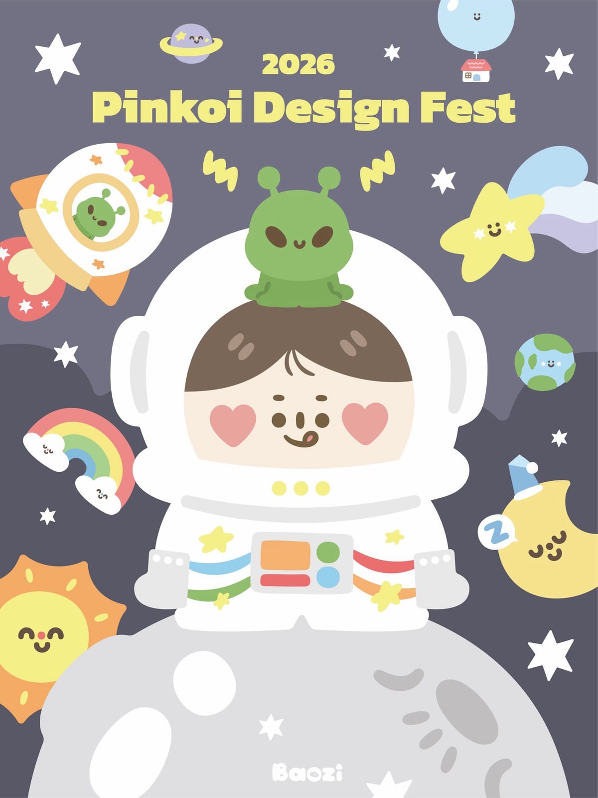 A smiling astronaut sits on a moon with a green alien on the helmet, surrounded by a rocket, stars, a rainbow and smiling planets, below the words 2026 Pinkoi Design Fest.