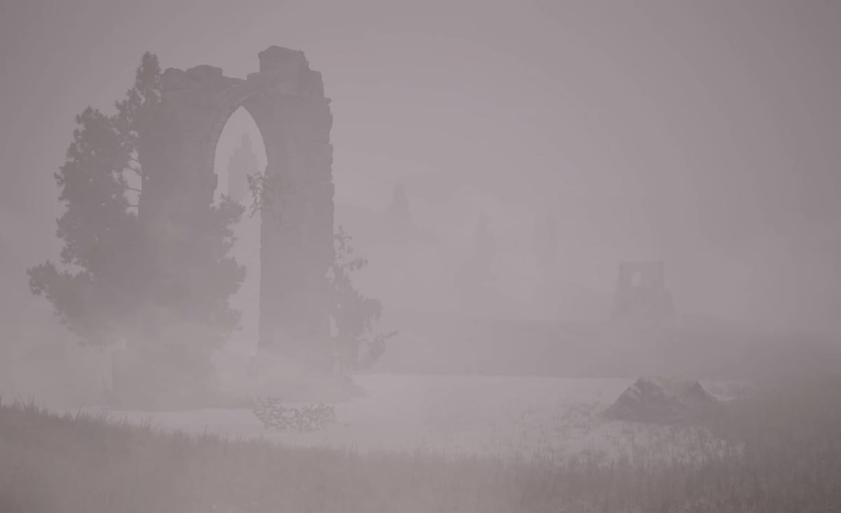A broken pointed stone arch and vegetation rise on the left of a mauve-grey fog-filled landscape. A faint square structure stands in the distance, with rubble at the lower right.