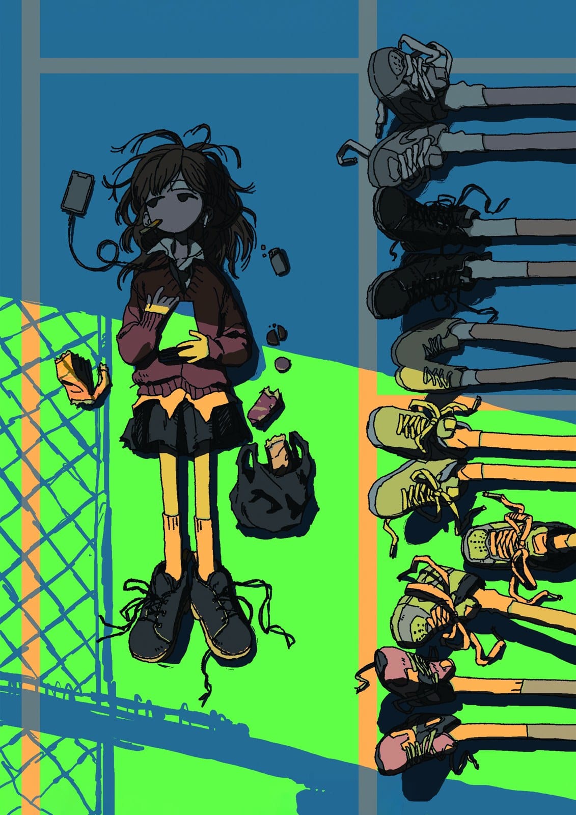 A schoolgirl eats a snack beside a fence, her black shoes untied. Rows of shoes on outstretched legs project into the image from the right, across deep blue shadow and a bright green floor.