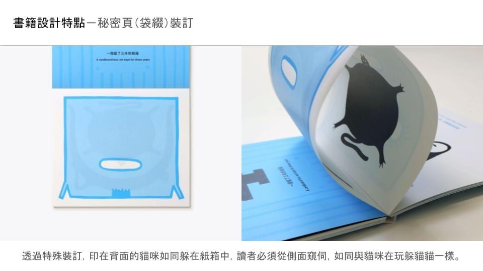 A blue folded page is photographed flat at left and held open at right, revealing a round black cat printed inside; the original Chinese binding explanation remains visible.