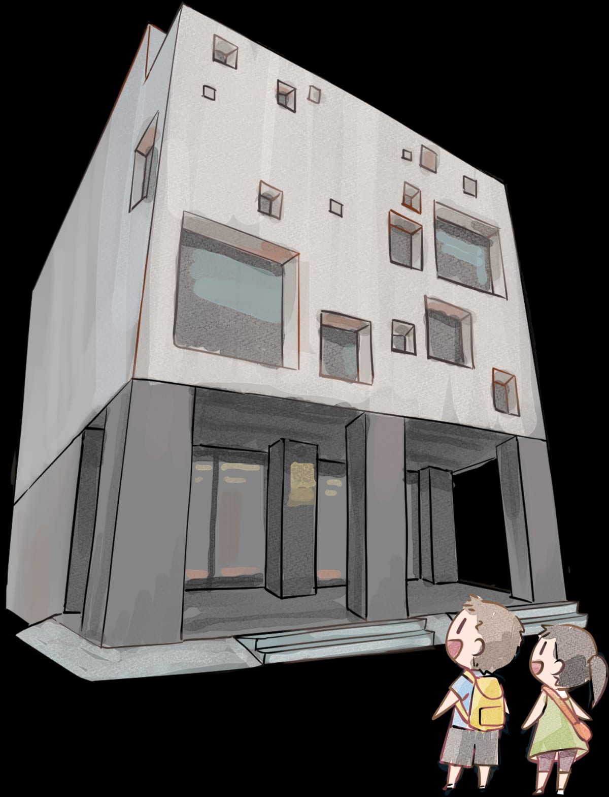 Taiwan Comic Base's building illustration: irregular windows across a grey facade, with two backpacked cartoon visitors beside the glass ground-floor doors.