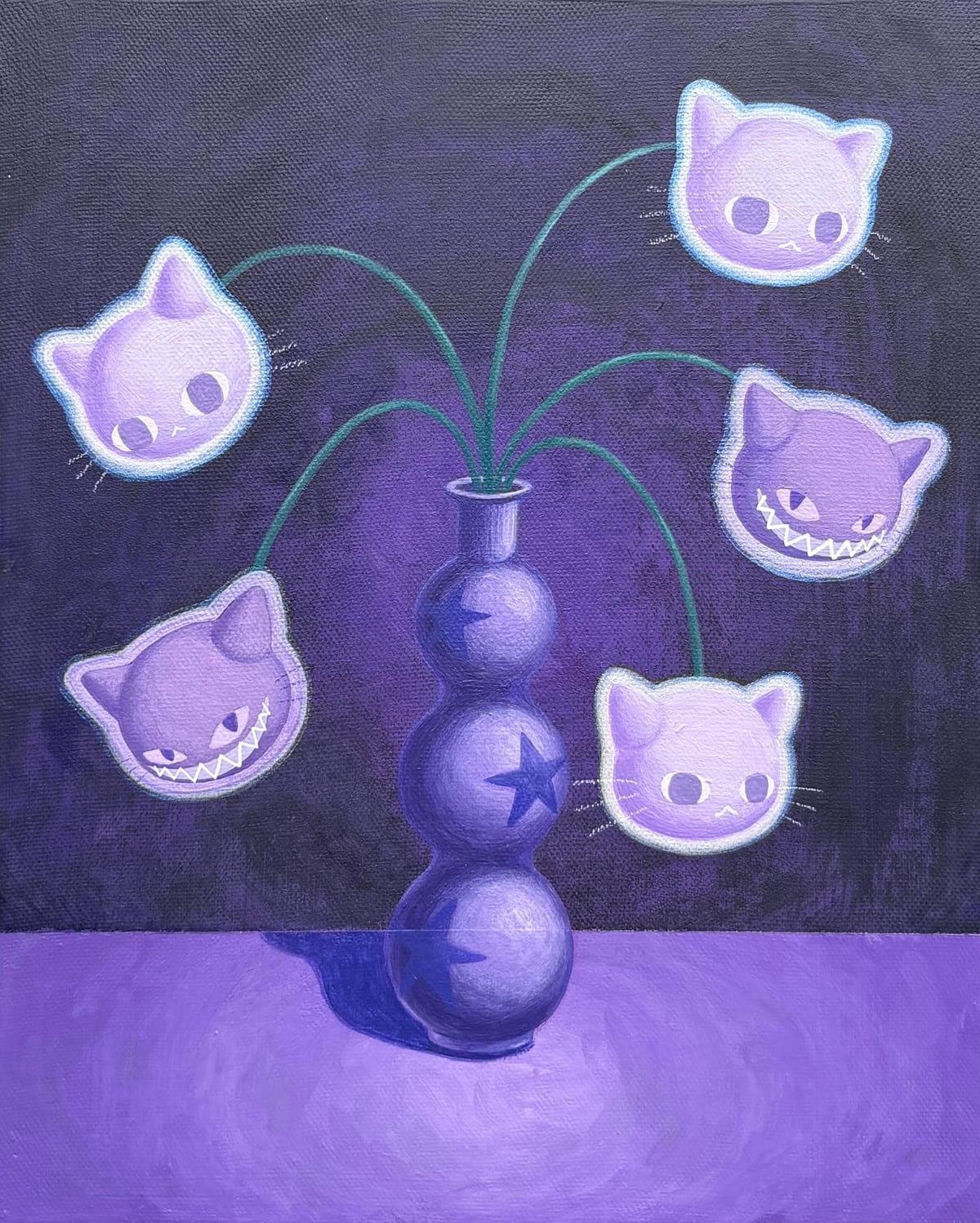 Five purple cat heads on green stems in a purple vase; three have round eyes and two have toothy grins.