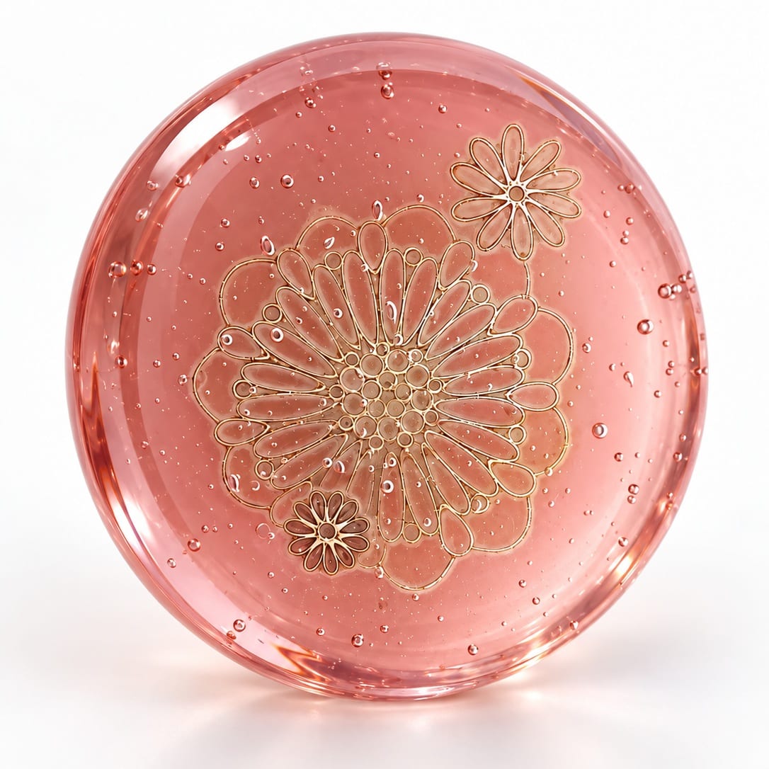 A round coral-pink glass disc on white. A large flower of thin outlined petals fills the centre, with a smaller flower near the upper right and lower left edges and fine bubbles through the glass.