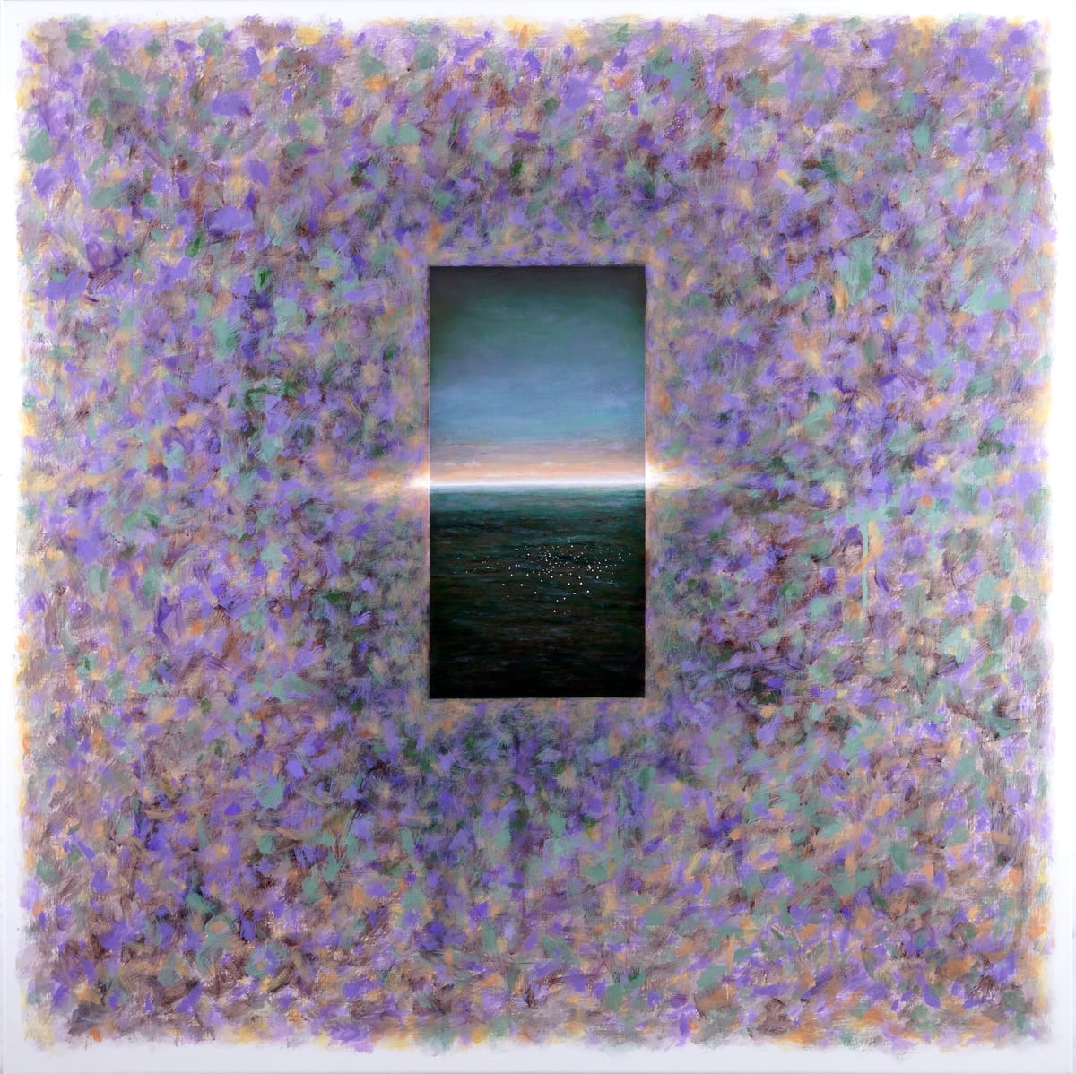 A square painting with a narrow vertical sea and horizon at its centre, surrounded by a densely painted violet, green, blue and ochre field.