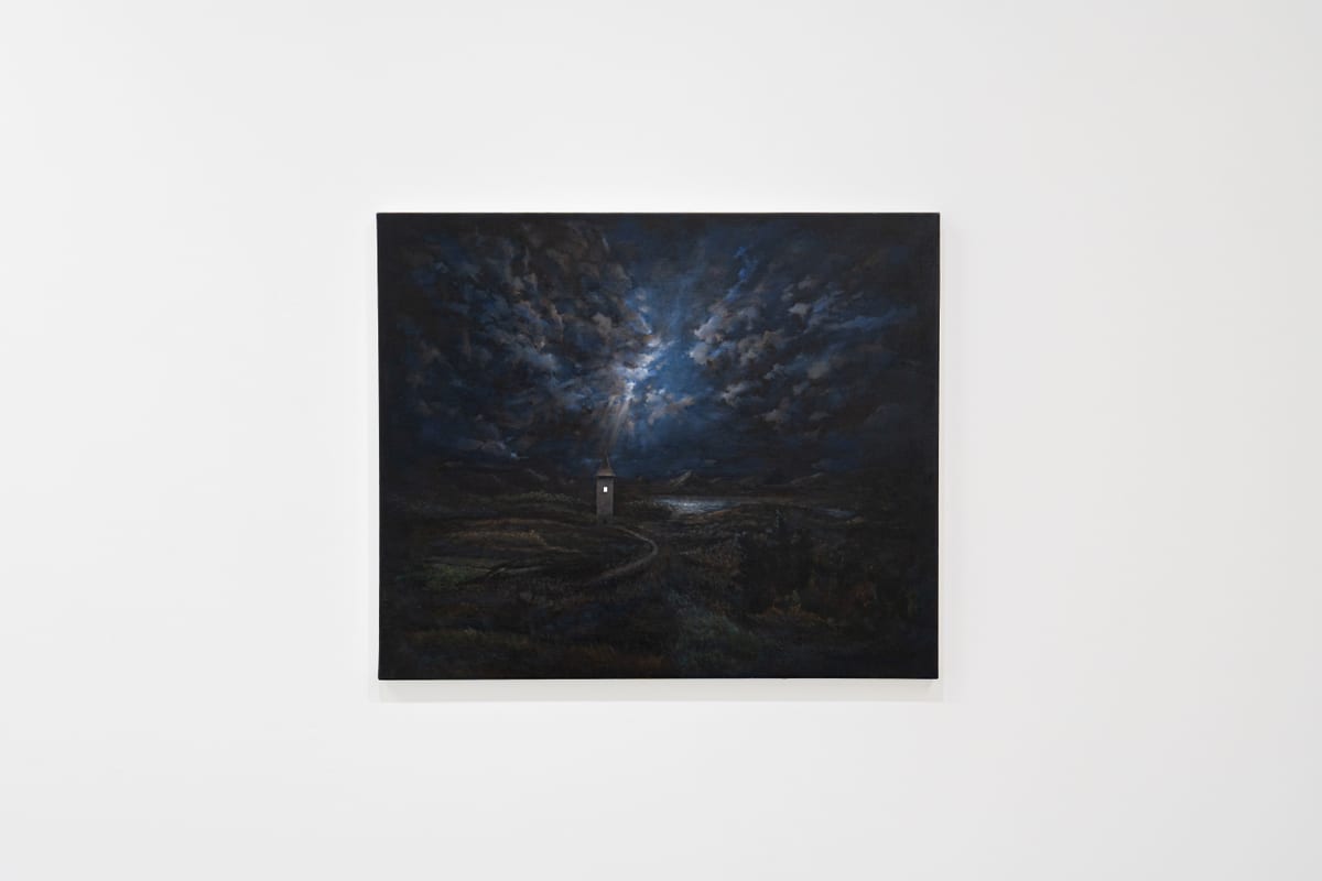 A dark landscape under a blue-black sky fills the painting, surrounding a small pale rectangular opening at its centre.