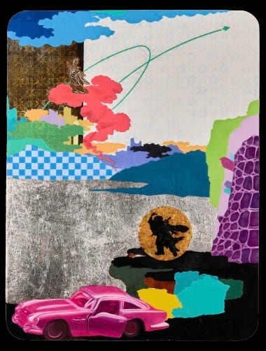 Yeh Che-Yu’s A Whimsical Visit to the Immortals II: a figure on pink clouds above a pink sports car, checkerboard patch, metallic ground and looping green arrow.