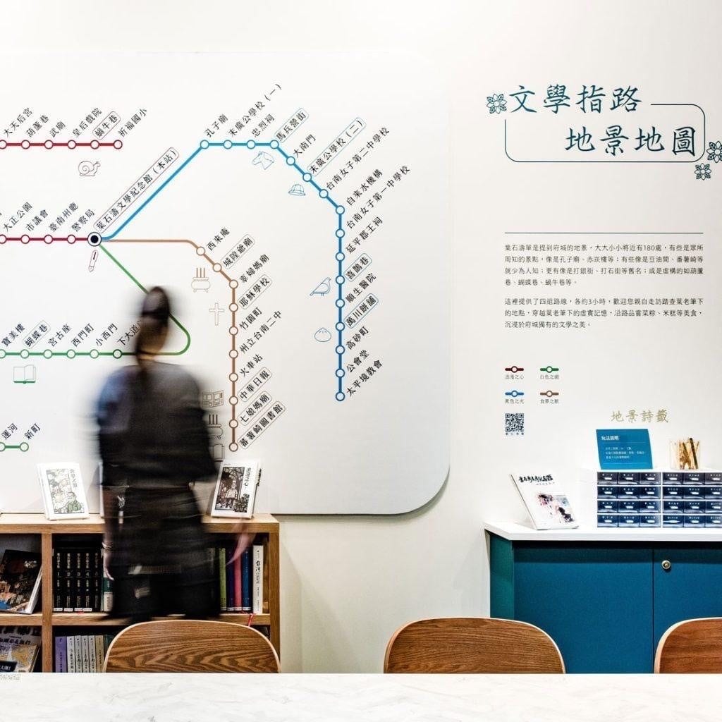 A wall diagram draws Tainan's literary geography like a transit map while a visitor stands with her back to the camera at the bookshelves beside it.