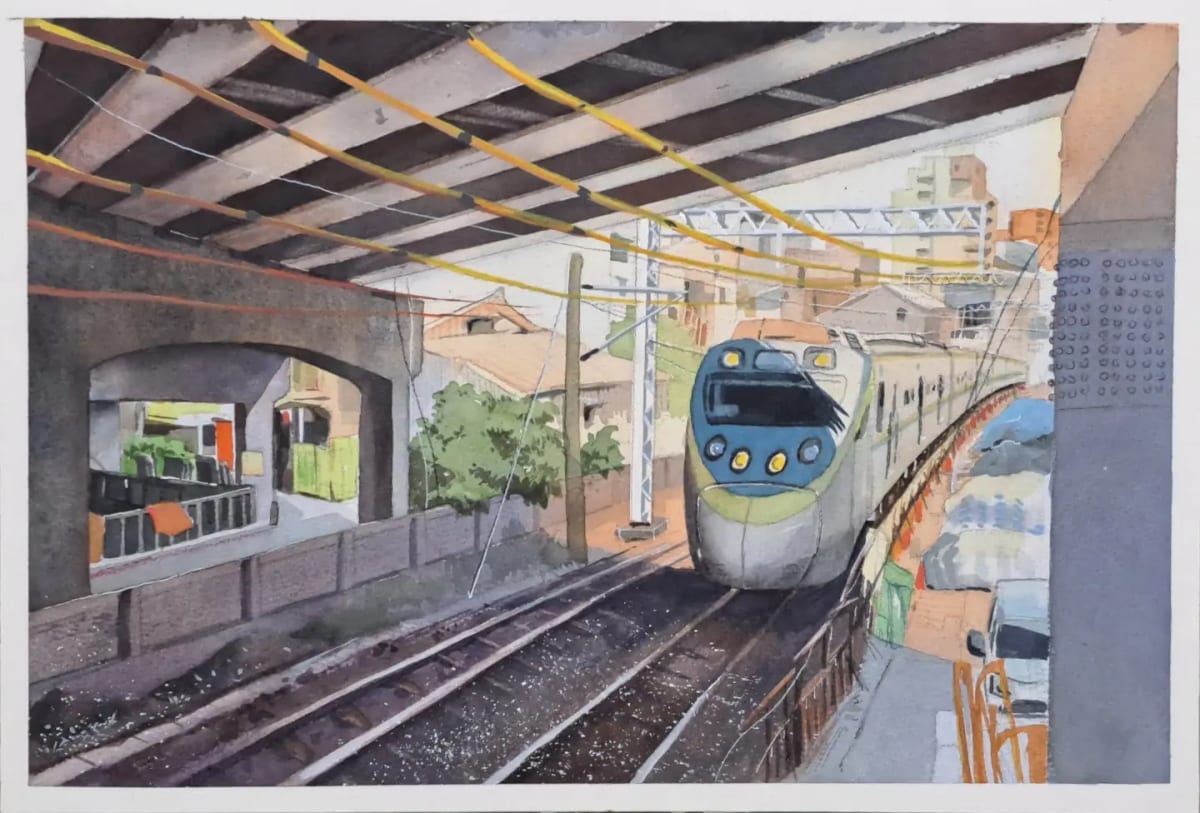 A blue-fronted train rounds a curve beneath Dongmen Overpass. Dark beams span the top, yellow wires cross the scene, and houses and a narrow road sit close to the tracks. Watercolour on paper, shown whole.