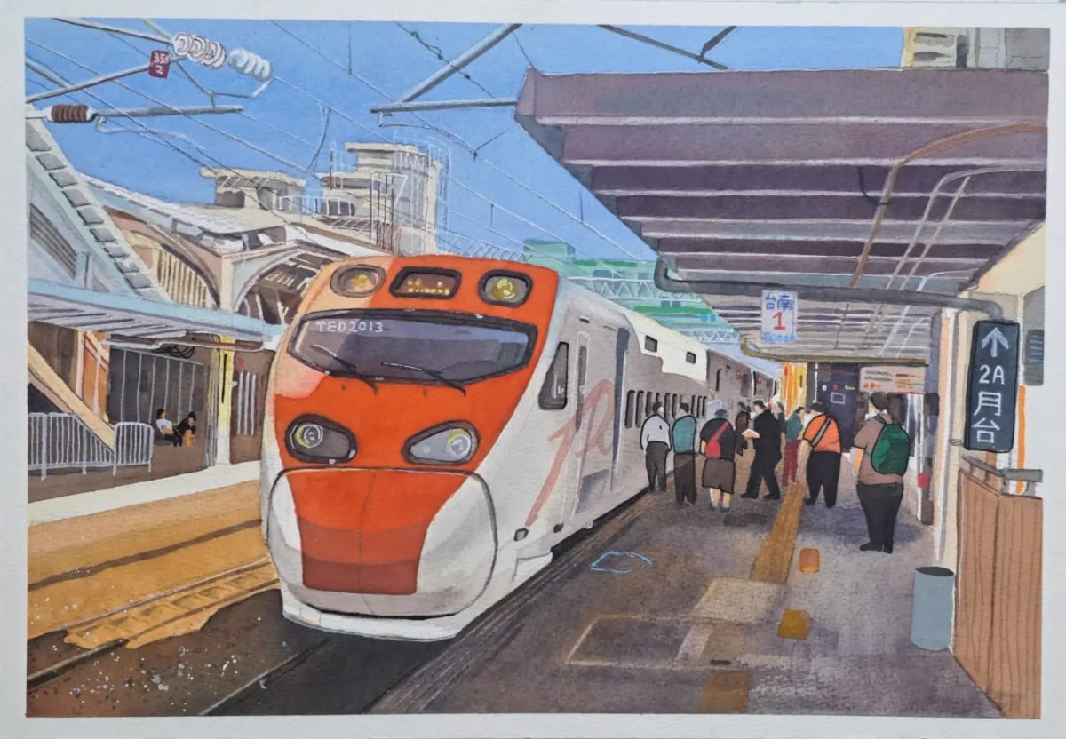 An orange-and-white train stands beside Tainan Station's platform 2A. Passengers with backpacks wait under the canopy, beneath overhead wires and a pale blue sky. Watercolour on paper, shown with its original margins.