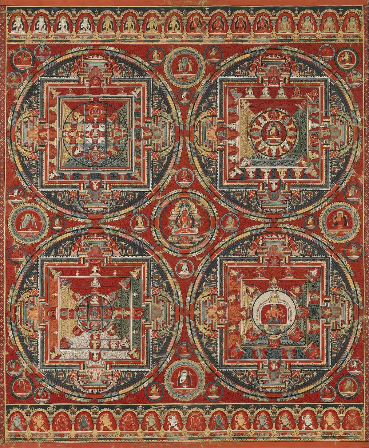 Four circular mandalas fill a red painting. Nested square palaces and small figures sit within black-and-gold rings, with further rows of figures along the top and bottom.