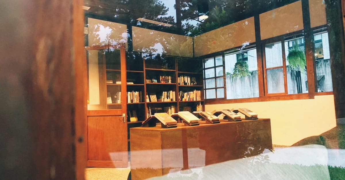 Seen through a reflective window, Ting Bookstore has a wall of books and a long wooden display table holding open volumes beneath the reflected pine trees.