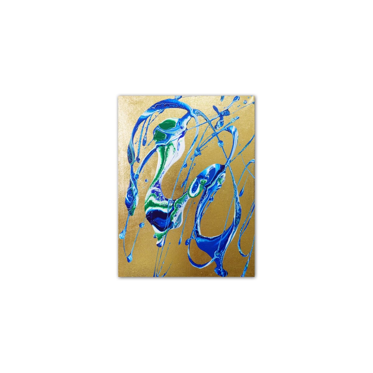 Blue, green and white loops and fine trails on the gold field of SAKI's 流景.