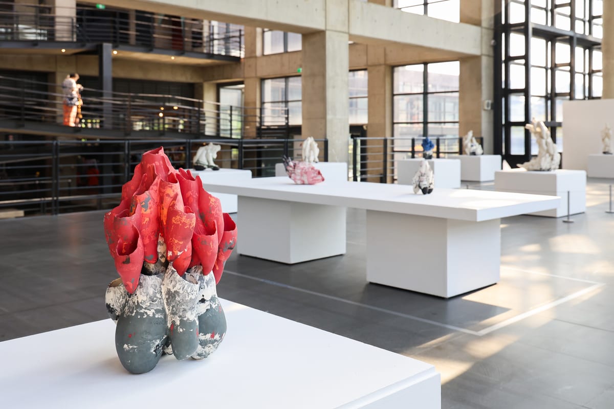 Sunlight enters a tall museum gallery. On a white plinth in front, grey-green hollow ceramic forms carry a cluster of thin red shells; other works stand on white plinths behind.